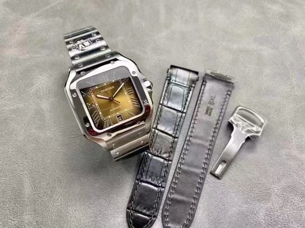 Cartier Santos Yellow Replica with Black Leather Strap